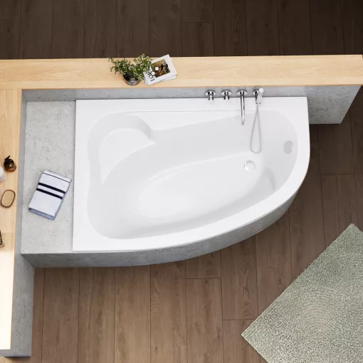 HD Wave 150x100 cm széles aszimmetrikus íves balos akril sarokkád lábbal