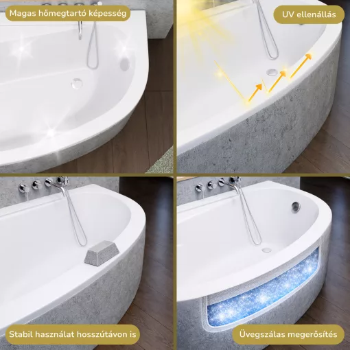 HD Wave 150x100 cm széles aszimmetrikus íves balos akril sarokkád lábbal