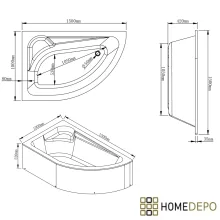 HD Wave 150x100 cm széles aszimmetrikus íves balos akril sarokkád
