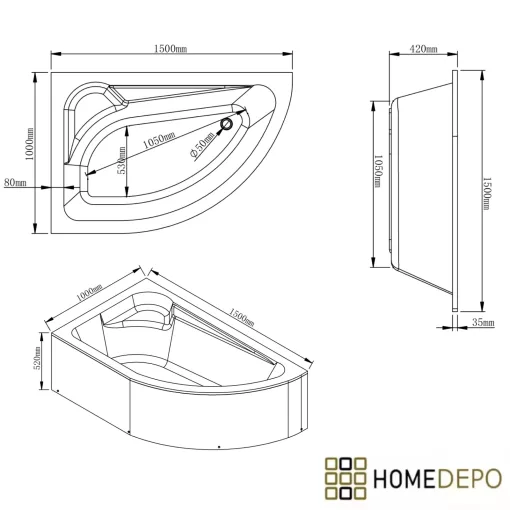 HD Wave 150x100 cm széles aszimmetrikus íves balos akril sarokkád