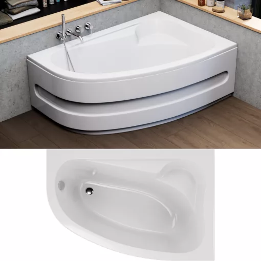 HD Wave 150x100 cm széles aszimmetrikus íves jobbos akril sarokkád lábbal és előlappal