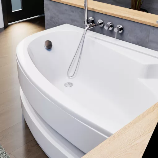 HD Wave 150x100 cm széles aszimmetrikus íves jobbos akril sarokkád lábbal és előlappal