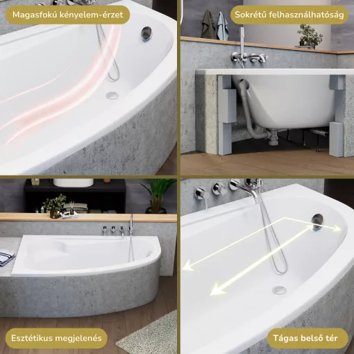 HD Wave 150x100 cm széles aszimmetrikus íves jobbos akril sarokkád lábbal