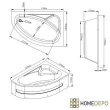 HD Wave 150x100 cm széles aszimmetrikus íves jobbos akril sarokkád lábbal