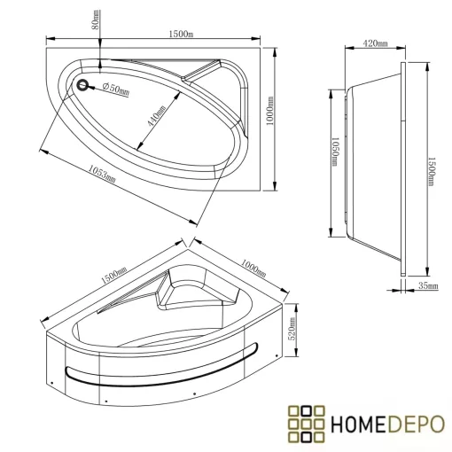 HD Wave 150x100 cm széles aszimmetrikus íves jobbos akril sarokkád lábbal