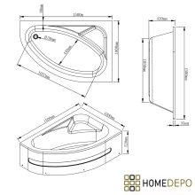 HD Wave 150x100 cm széles aszimmetrikus íves jobbos akril sarokkád