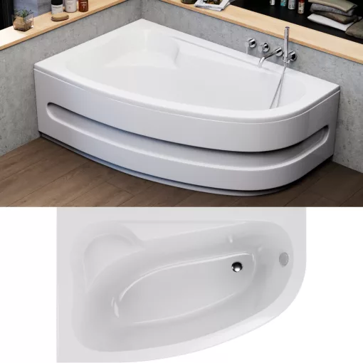 HD Wave 160x100 cm széles aszimmetrikus íves balos akril sarokkád lábbal és előlappal