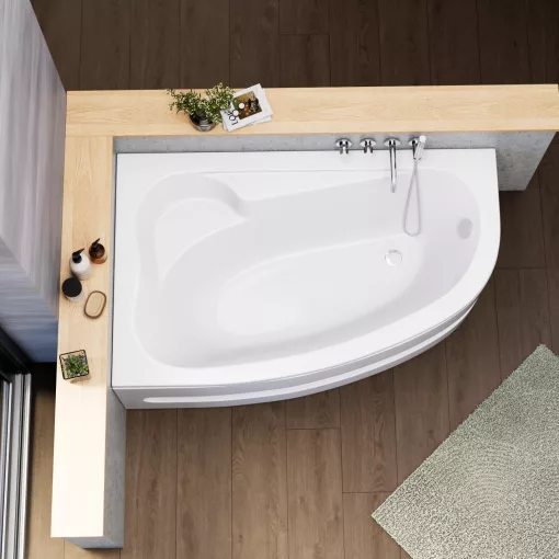 HD Wave 160x100 cm széles aszimmetrikus íves balos akril sarokkád lábbal és előlappal