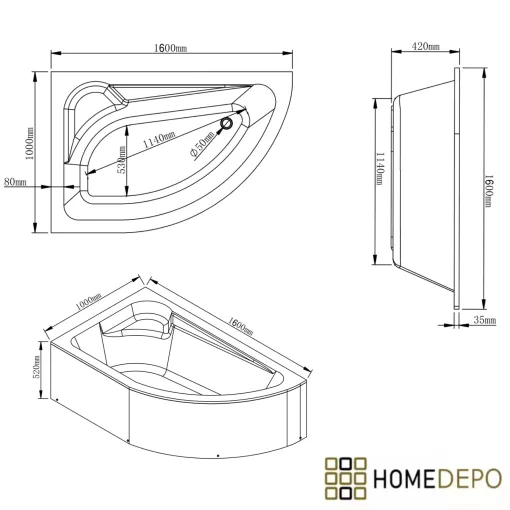 HD Wave 160x100 cm széles aszimmetrikus íves balos akril sarokkád lábbal