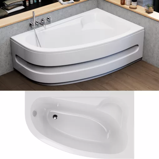 HD Wave 160x100 cm széles aszimmetrikus íves jobbos akril sarokkád lábbal és előlappal