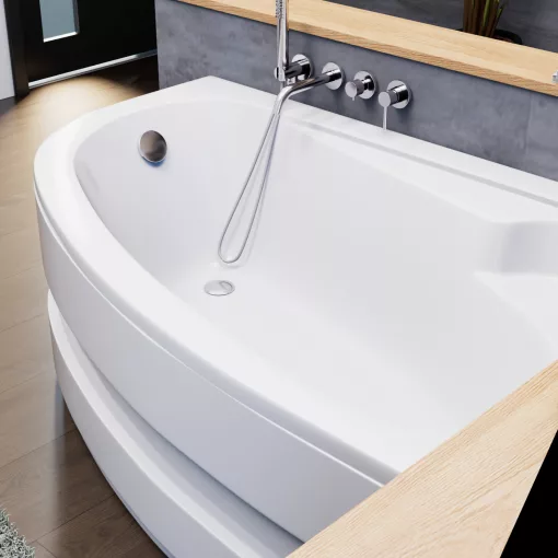 HD Wave 160x100 cm széles aszimmetrikus íves jobbos akril sarokkád lábbal és előlappal