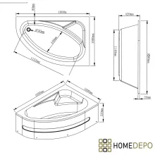 HD Wave 160x100 cm széles aszimmetrikus íves jobbos akril sarokkád lábbal és előlappal