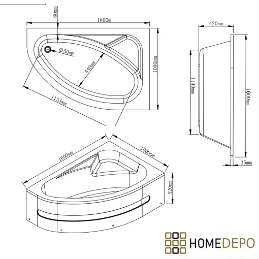 HD Wave 160x100 cm széles aszimmetrikus íves jobbos akril sarokkád lábbal és előlappal