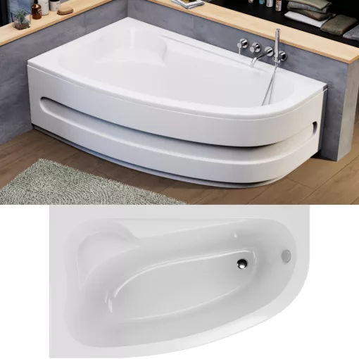 HD Wave 170x100 cm széles aszimmetrikus íves balos akril sarokkád lábbal és előlappal