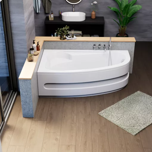 HD Wave 170x100 cm széles aszimmetrikus íves balos akril sarokkád lábbal és előlappal