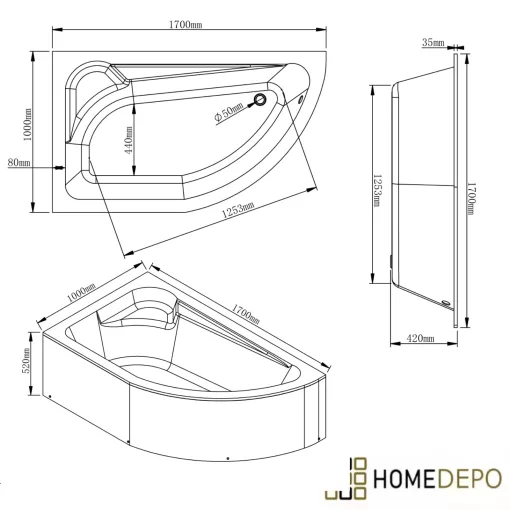 HD Wave 170x100 cm széles aszimmetrikus íves balos akril sarokkád lábbal és előlappal