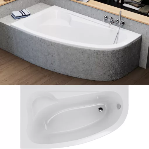 HD Wave 170x100 cm széles aszimmetrikus íves balos akril sarokkád lábbal