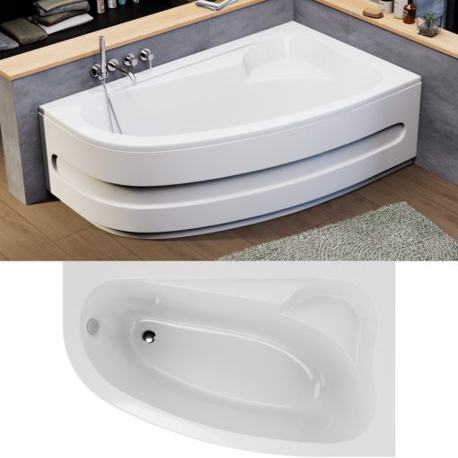 HD Wave 170x100 cm széles aszimmetrikus íves jobbos akril sarokkád lábbal és előlappal