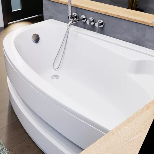 HD Wave 170x100 cm széles aszimmetrikus íves jobbos akril sarokkád lábbal és előlappal