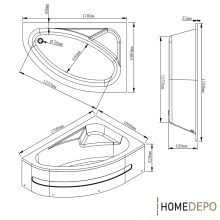 HD Wave 170x100 cm széles aszimmetrikus íves jobbos akril sarokkád lábbal és előlappal