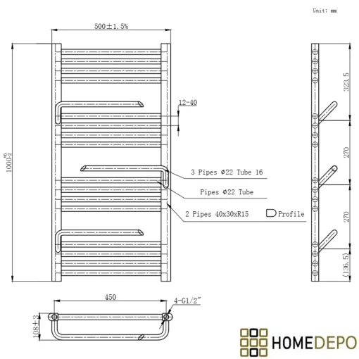 HD Atlas Black 1000x500 mm design törölközőszárító radiátor, matt fekete