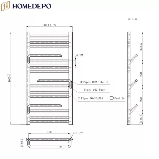 HD Atlas White 1000x500 mm design törölközőszárító radiátor, fényes fehér
