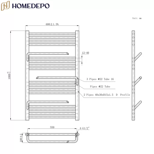 HD Atlas Black 1000x600 mm design törölközőszárító radiátor, matt fekete
