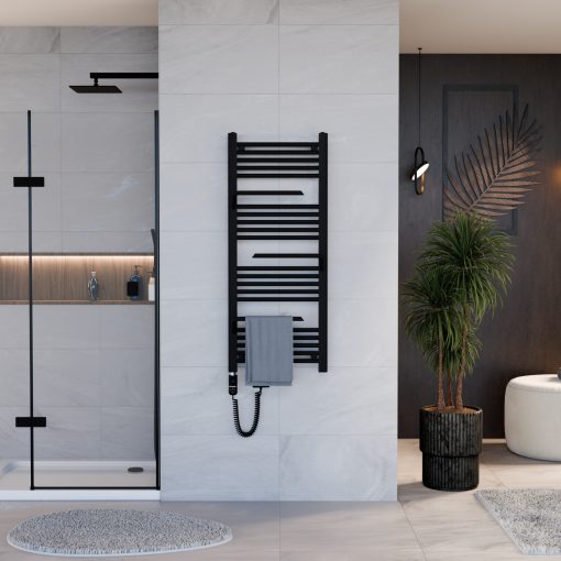 HD Atlas Black 1200x500 mm elektromos design törölközőszárító radiátor 400W-os fűtőpatronnal, matt fekete