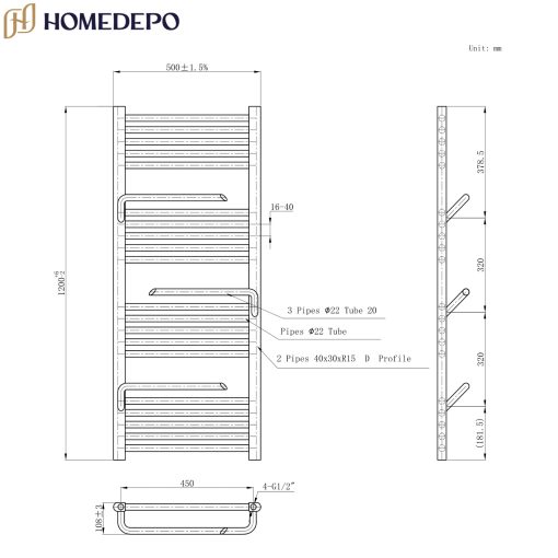 HD Atlas Black 1200x500 mm elektromos design törölközőszárító radiátor 400W-os fűtőpatronnal, matt fekete