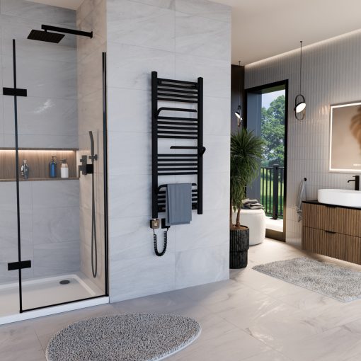 HD Atlas Black 1200x500 mm smart elektromos design törölközőszárító radiátor 400W-os wifi-s fűtőpatronnal, matt fekete