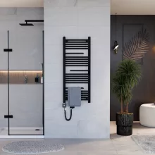 HD Atlas Black 1200x500 mm smart elektromos design törölközőszárító radiátor 400W-os wifi-s fűtőpatronnal, matt fekete