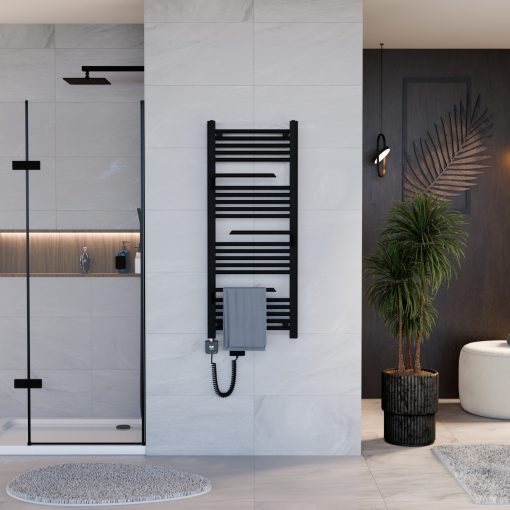 HD Atlas Black 1200x500 mm smart elektromos design törölközőszárító radiátor 400W-os wifi-s fűtőpatronnal, matt fekete