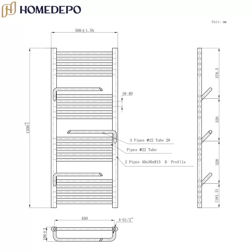 HD Atlas White 1200x500 mm design törölközőszárító radiátor, fényes fehér