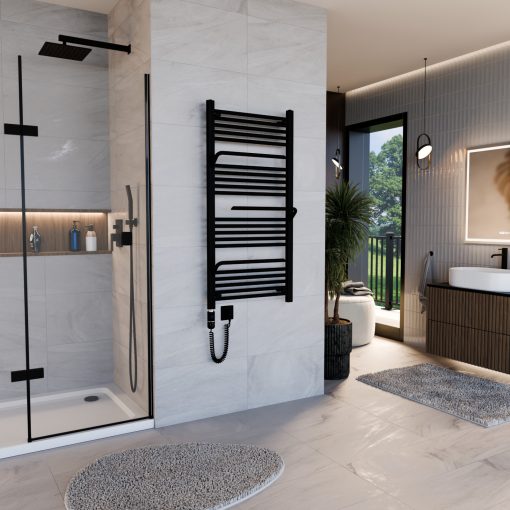 HD Atlas Black 1200x600 mm elektromos design törölközőszárító radiátor 400W-os fűtőpatronnal, matt fekete