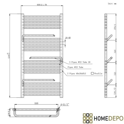 HD Atlas Black 1200x600 mm elektromos design törölközőszárító radiátor 400W-os fűtőpatronnal, matt fekete