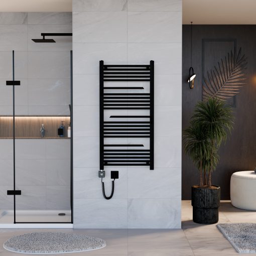 HD Atlas Black 1200x600 mm smart elektromos design törölközőszárító radiátor 400W-os wifi-s fűtőpatronnal, matt fekete