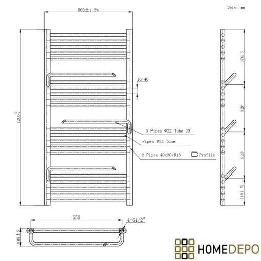 HD Atlas Black 1200x600 mm design törölközőszárító radiátor, matt fekete