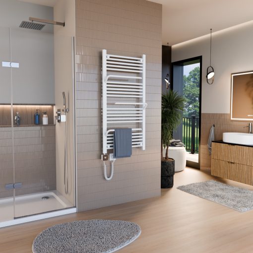 HD Atlas White 1200x600 mm smart elektromos design törölközőszárító radiátor 400W-os wifi-s fűtőpatronnal, fényes fehér