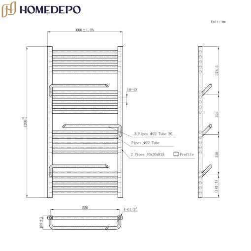 HD Atlas White 1200x600 mm smart elektromos design törölközőszárító radiátor 400W-os wifi-s fűtőpatronnal, fényes fehér