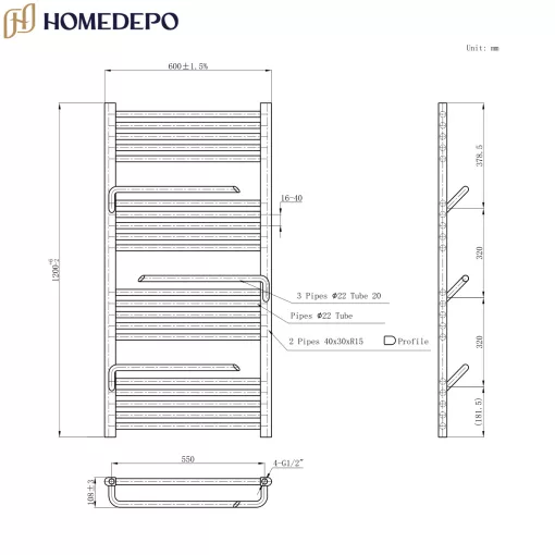 HD Atlas White 1200x600 mm design törölközőszárító radiátor, fényes fehér