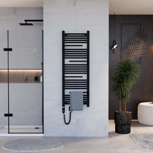 HD Atlas Black 1400x500 mm elektromos design törölközőszárító radiátor 400W-os fűtőpatronnal, matt fekete