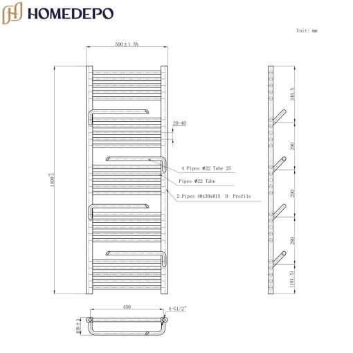 HD Atlas Black 1400x500 mm design törölközőszárító radiátor, matt fekete