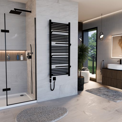 HD Atlas Black 1400x600 mm elektromos design törölközőszárító radiátor 400W-os fűtőpatronnal, matt fekete