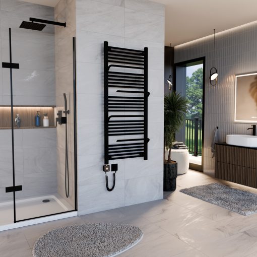 HD Atlas Black 1400x600 mm smart elektromos design törölközőszárító radiátor 400W-os wifi-s fűtőpatronnal, matt fekete