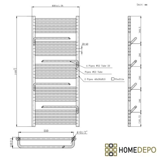 HD Atlas Black 1400x600 mm smart elektromos design törölközőszárító radiátor 400W-os wifi-s fűtőpatronnal, matt fekete