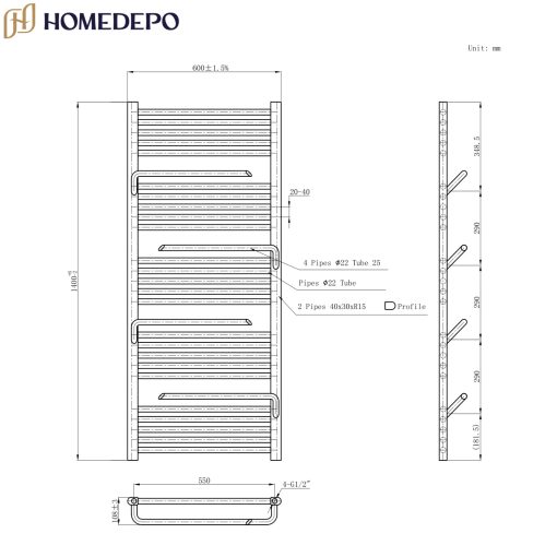 HD Atlas White 1400x600 mm design törölközőszárító radiátor, fényes fehér