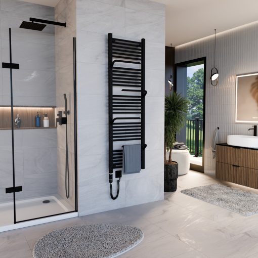 HD Atlas Black 1600x500 mm elektromos design törölközőszárító radiátor 400W-os fűtőpatronnal, matt fekete