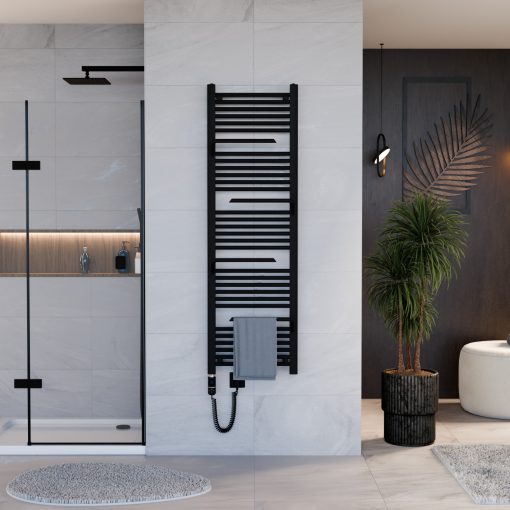 HD Atlas Black 1600x500 mm elektromos design törölközőszárító radiátor 400W-os fűtőpatronnal, matt fekete