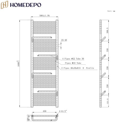HD Atlas White 1600x500 mm design törölközőszárító radiátor, fényes fehér