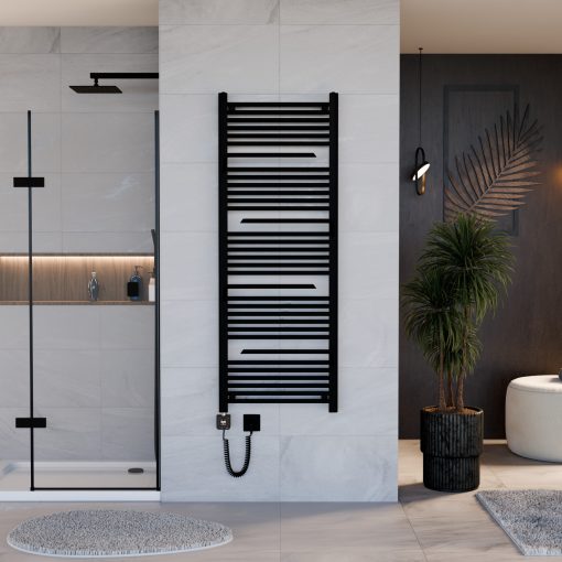 HD Atlas Black 1600x600 mm smart elektromos design törölközőszárító radiátor 400W-os wifi-s fűtőpatronnal, matt fekete